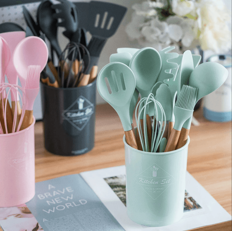 9 PCs Silicone Cooking Utensils, Kitchen Utensil Set - Warm Grey - Unique  Handcrafted Home Decor and jute baskets