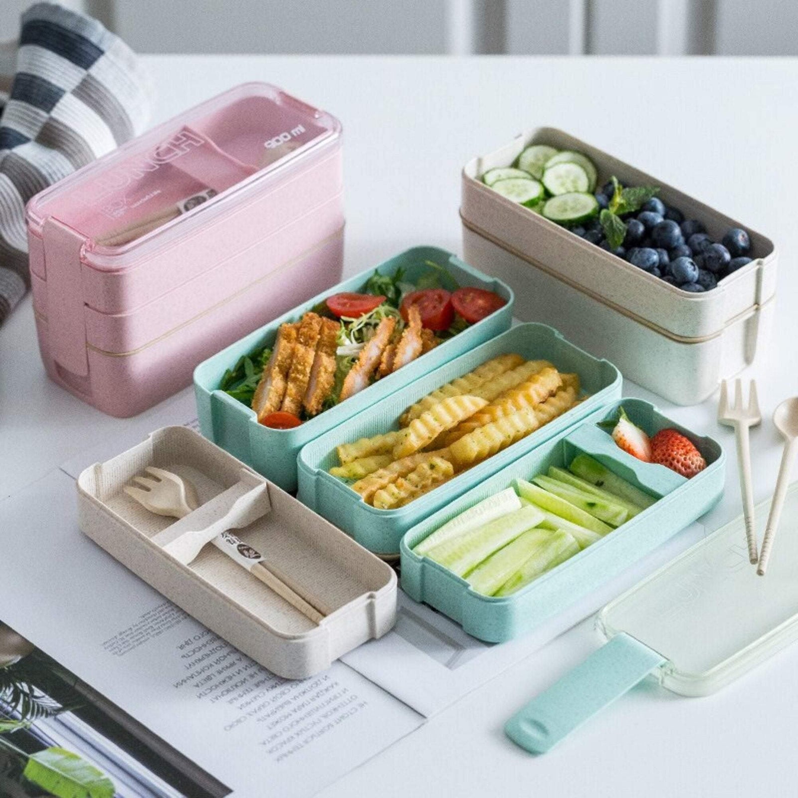 3 Layer Wheat Straw Bento Boxes With Spoon & Fork - huemabe - Creative Home Decor
