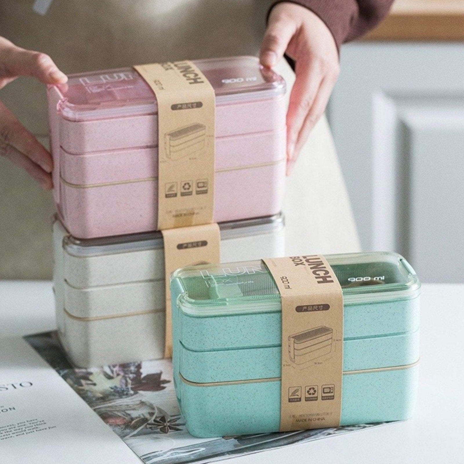 3 Layer Wheat Straw Bento Boxes With Spoon & Fork - huemabe - Creative Home Decor