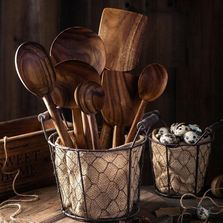 7 Pcs Natural Teak Wooden Cooking Utensil Set - huemabe - Creative Home Decor