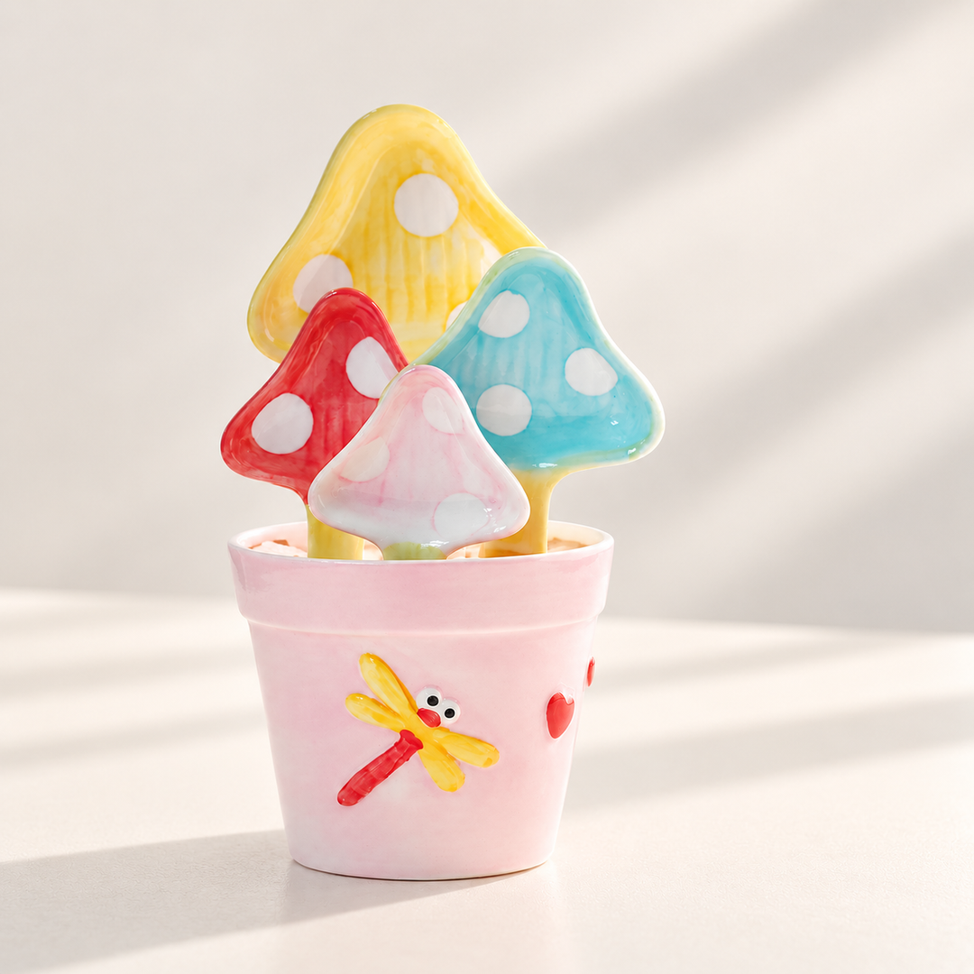 Ceramic Mushroom Measuring Spoon Set with Pink Holder – 4pc