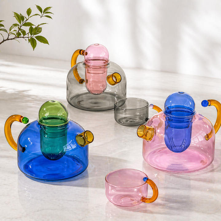 Contrasting Color Heat Resistant Glass Teapot and Cups