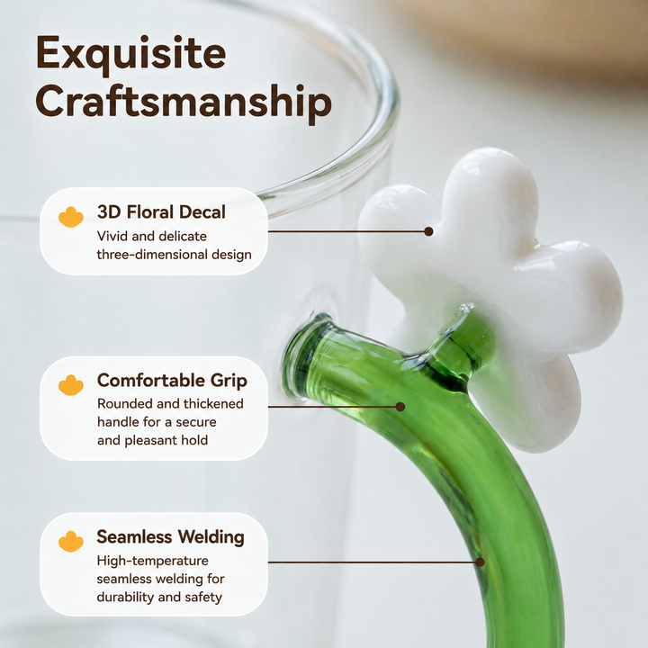 Creative Flower Glass Mug | Cute Floral Coffee Cup 300ml