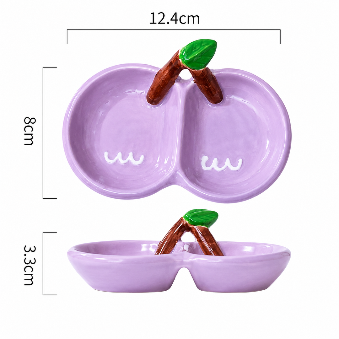 Cute Cherry Ceramic Sauce Dish | Double Dip Condiment Bowl