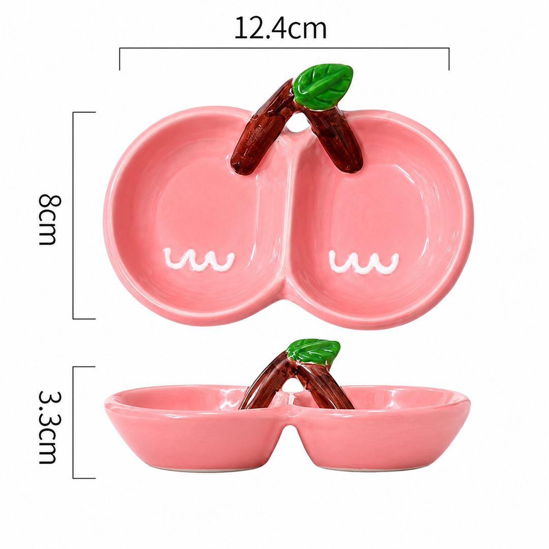 Cute Cherry Ceramic Sauce Dish | Double Dip Condiment Bowl