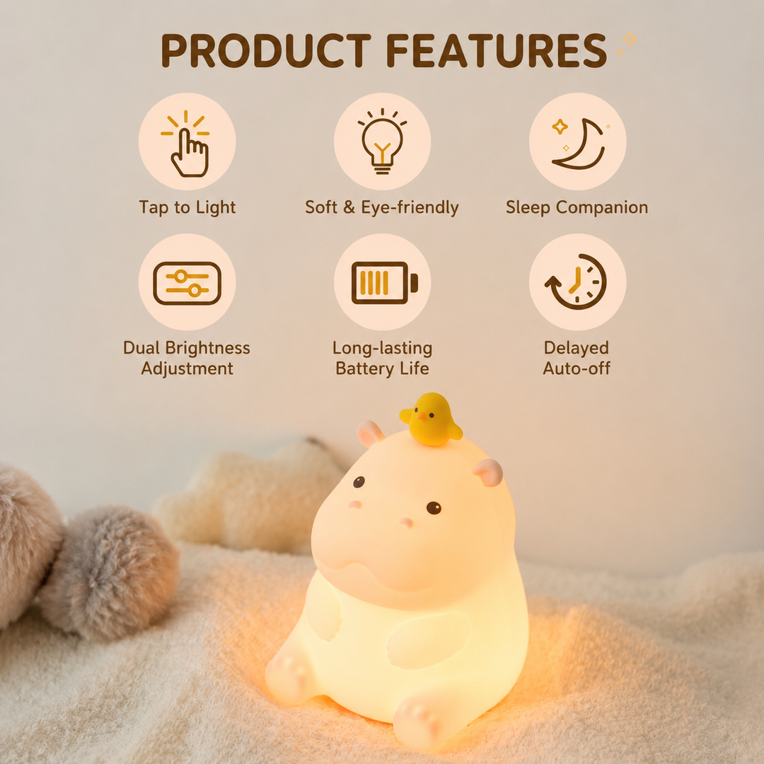 Cute Hippo Night Light with Chick – Rechargeable LED Lamp