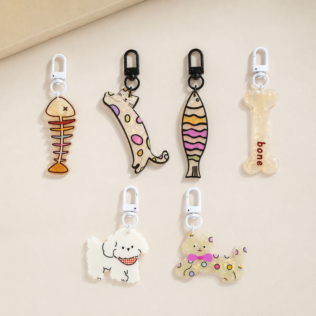 Cute Pet Acrylic Keychain | Cat Dog Fish Bone Charm