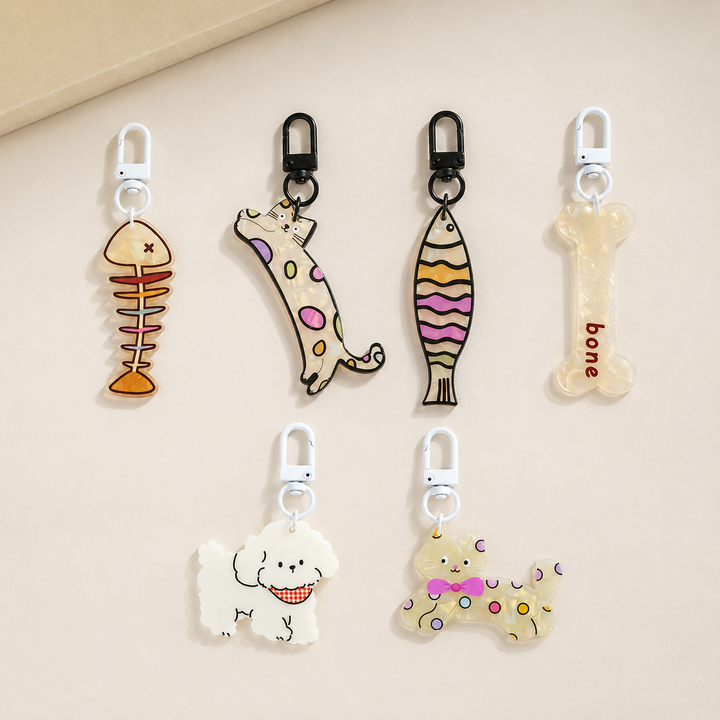 Cute Pet Acrylic Keychain | Cat Dog Fish Bone Charm