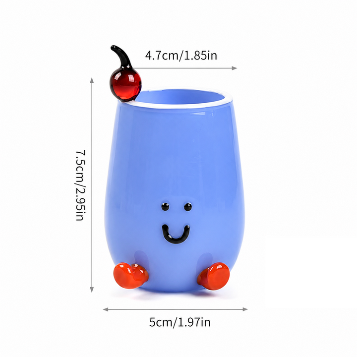 Cute Smiley Face Glass Cup with Cherry, Mini Juice Mug 130ml