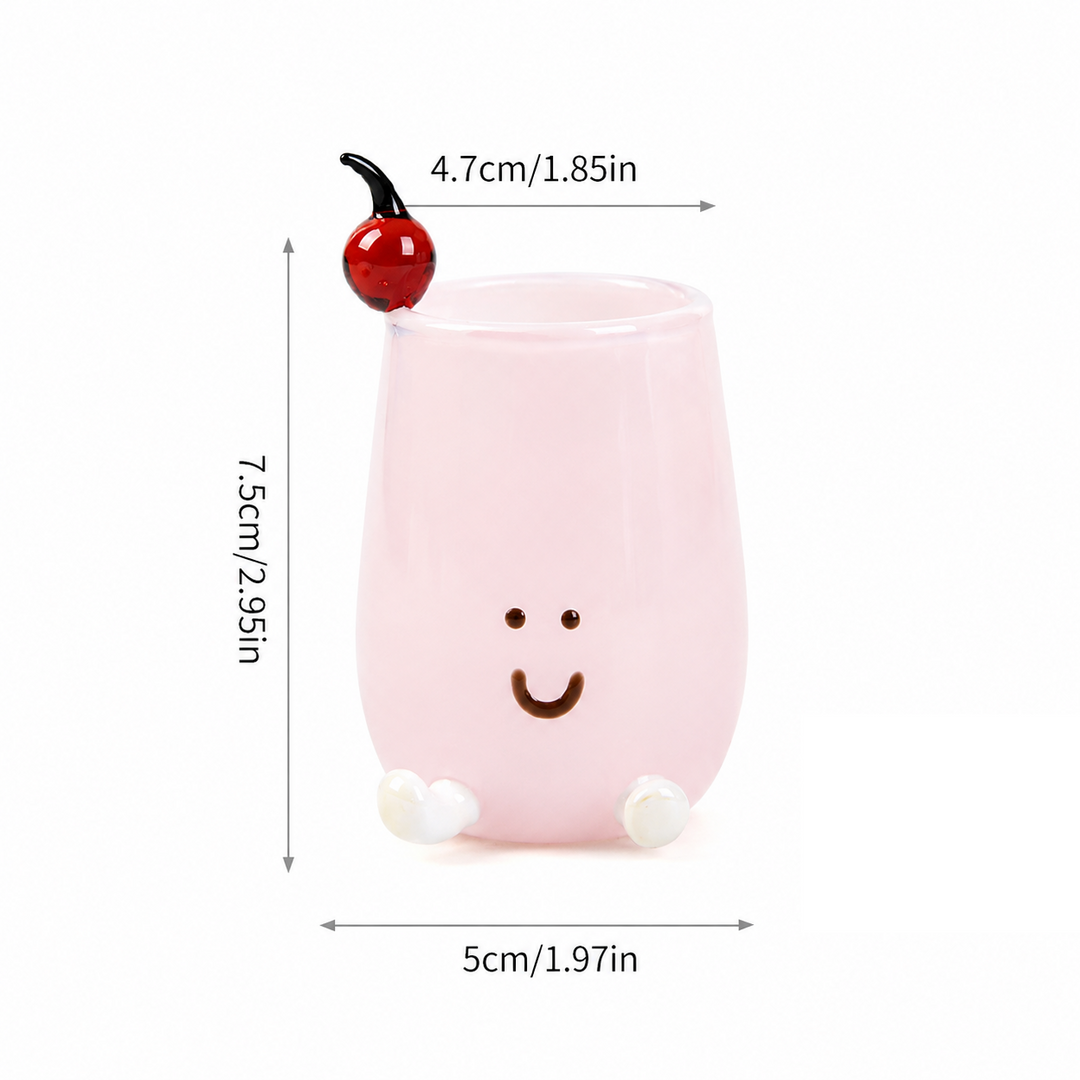 Cute Smiley Face Glass Cup with Cherry, Mini Juice Mug 130ml