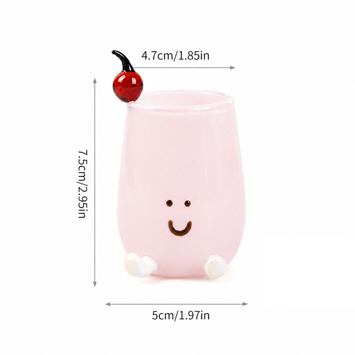 Cute Smiley Face Glass Cup with Cherry, Mini Juice Mug 130ml