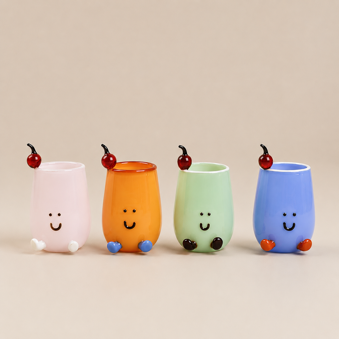 Cute Smiley Face Glass Cup with Cherry, Mini Juice Mug 130ml