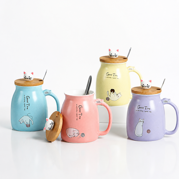 Cute Cat Mug with Lid &amp; Spoon – Ceramic Coffee Cup
