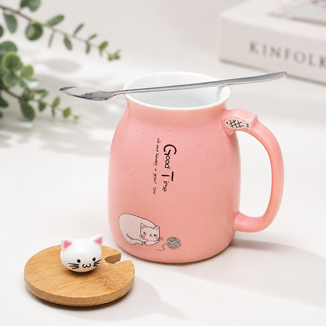Cute Cat Mug with Lid &amp; Spoon – Ceramic Coffee Cup