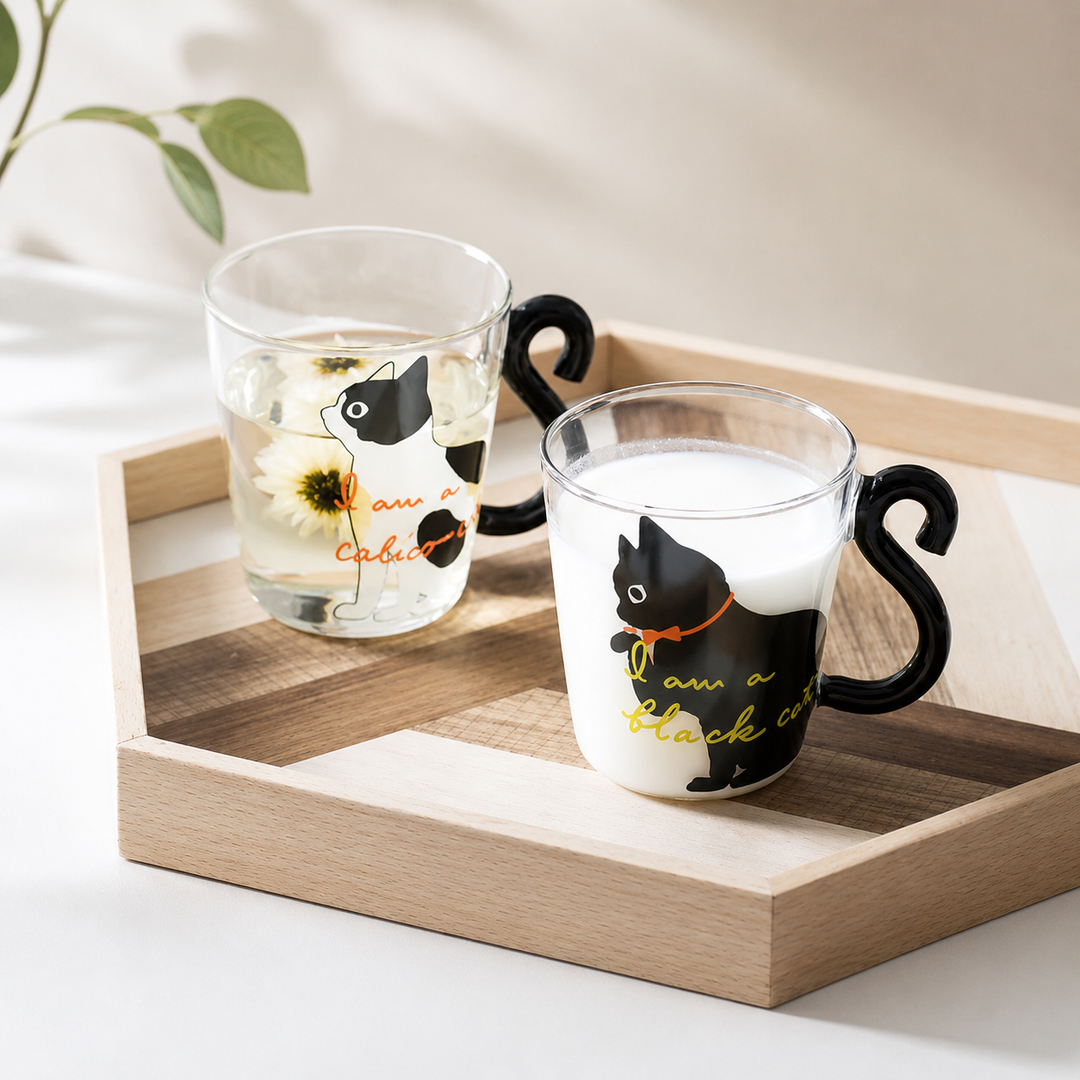 Cute Cat Glass Mug with Tail Handle