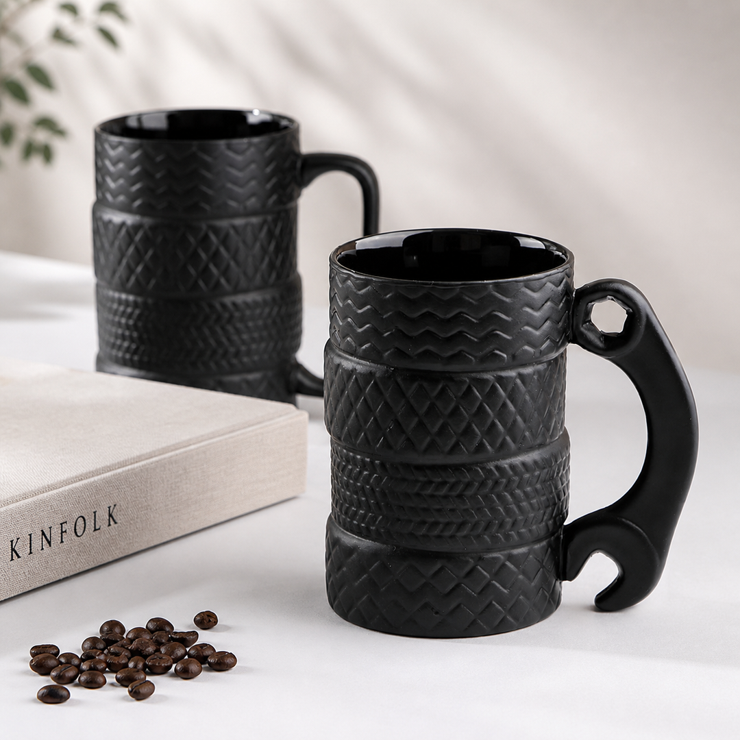 Funny Tire Mug with Wrench Handle – Novelty Coffee Cup