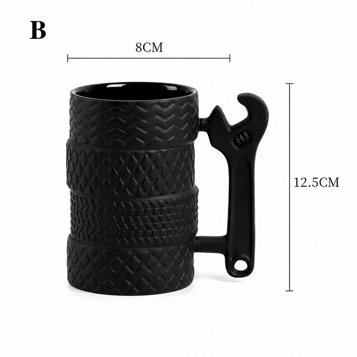 Funny Tire Mug with Wrench Handle – Novelty Coffee Cup