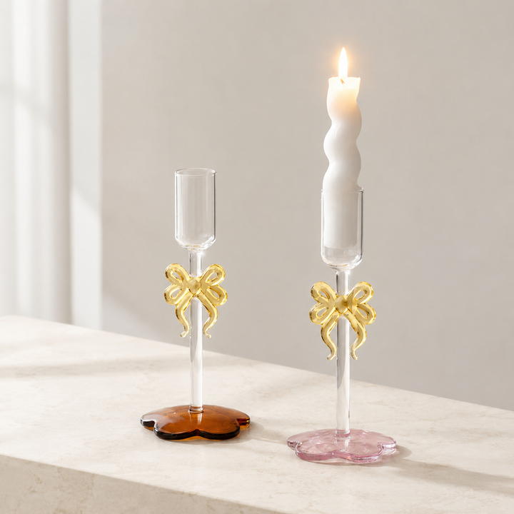 Glass Bow Taper Candle Holder – Elegant Ribbon Candlestick