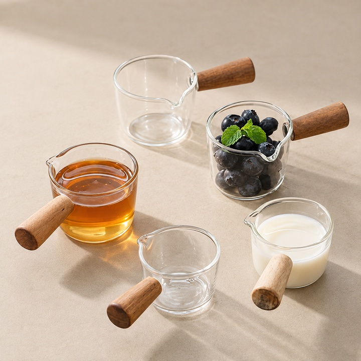 Glass Pouring Cup with Wooden Handle - Espresso &amp; Milk Jug