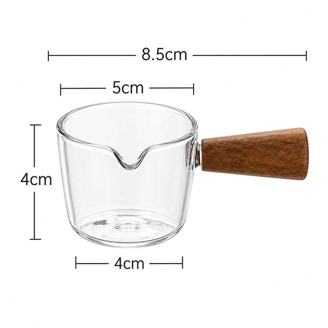 Glass Pouring Cup with Wooden Handle - Espresso &amp; Milk Jug
