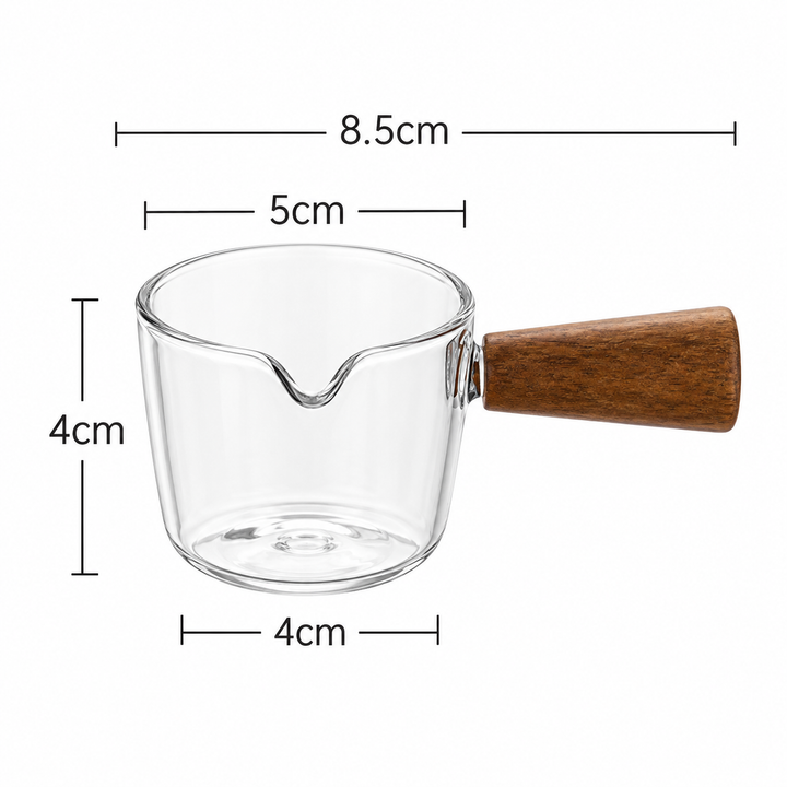 Glass Pouring Cup with Wooden Handle - Espresso &amp; Milk Jug