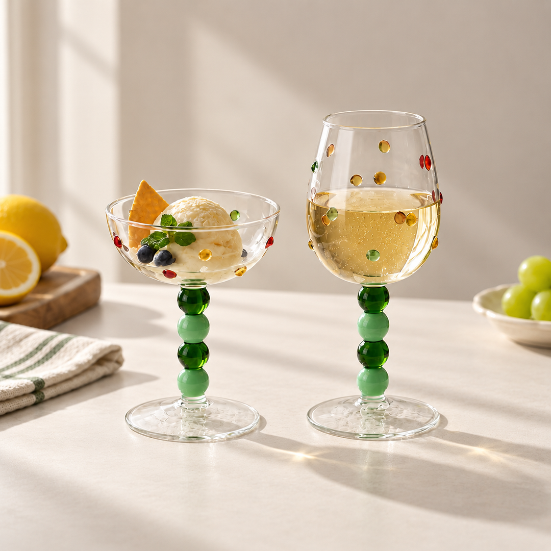 Green Beaded Polka Dot Glass Dessert Cup