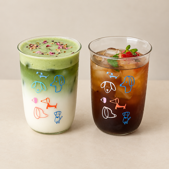Hand-Drawn Dog Glass Tumbler – Puppy Print  Coffee Cup