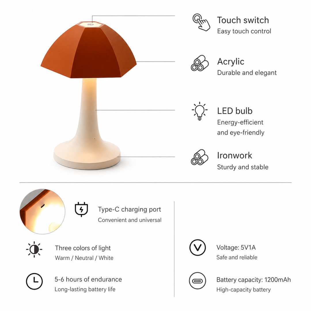 Nordic Mushroom LED Table Lamp Rechargeable Bedside