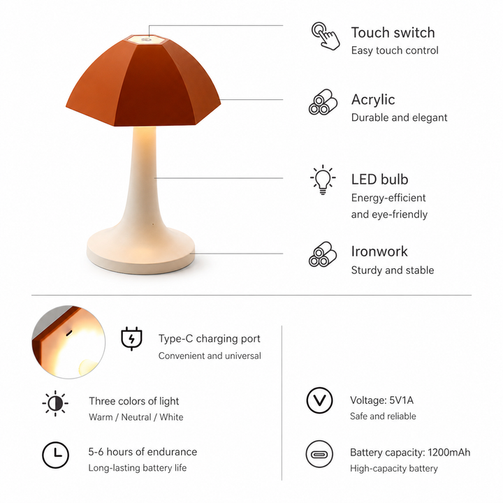 Nordic Mushroom LED Table Lamp Rechargeable Bedside