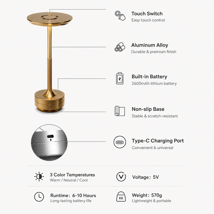 Rechargeable Cordless Touch Sensor LED Modern Table Lamp