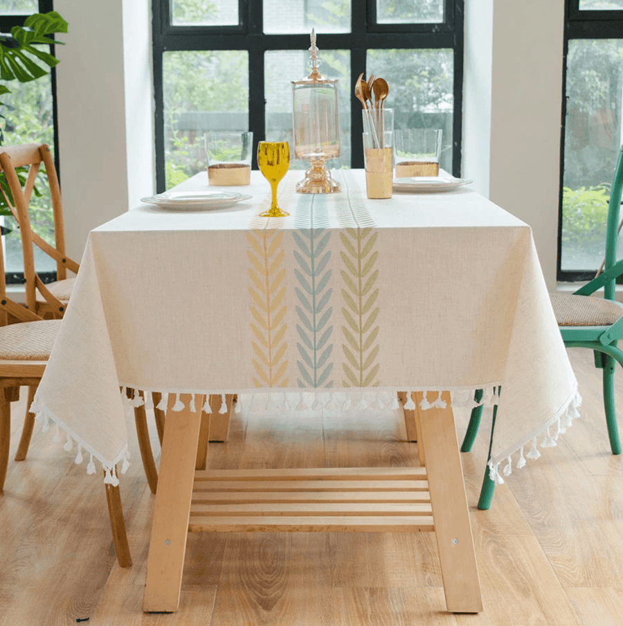 Blue Green Willow Embroidery Tassel Tablecloth - huemabe - Creative Home Decor