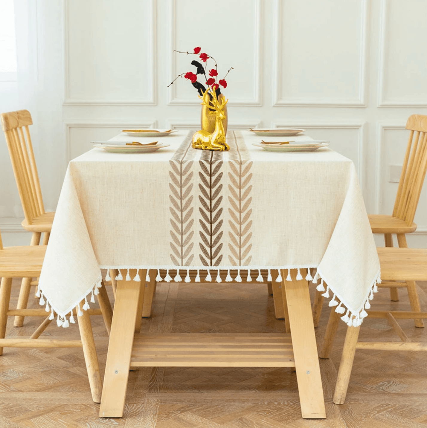 Coffee Willow Leaf Embroidery Tassel Tablecloth - huemabe - Creative Home Decor