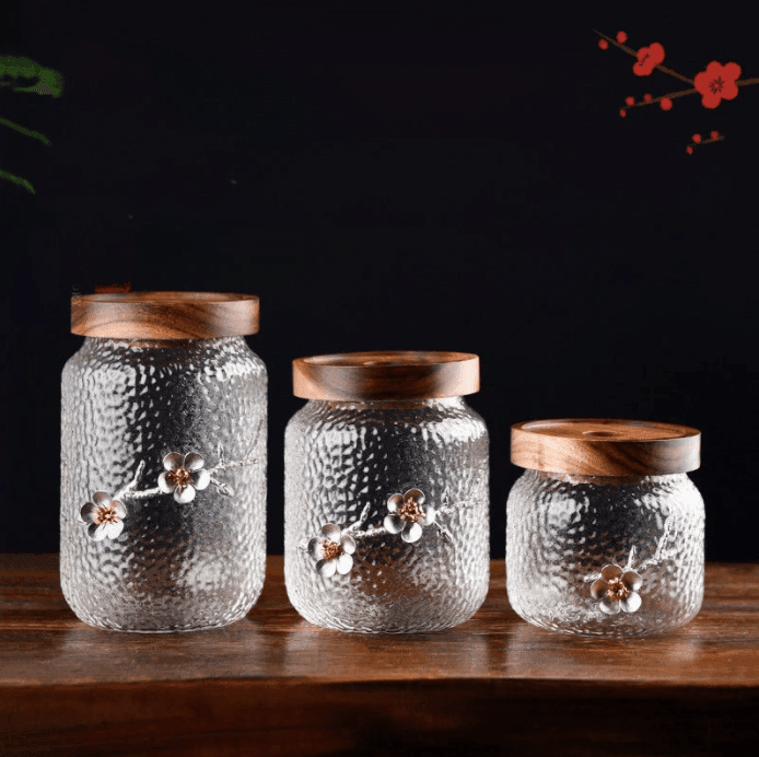 Flower Acacia Wooden Lid Glass Jar - huemabe - Creative Home Decor