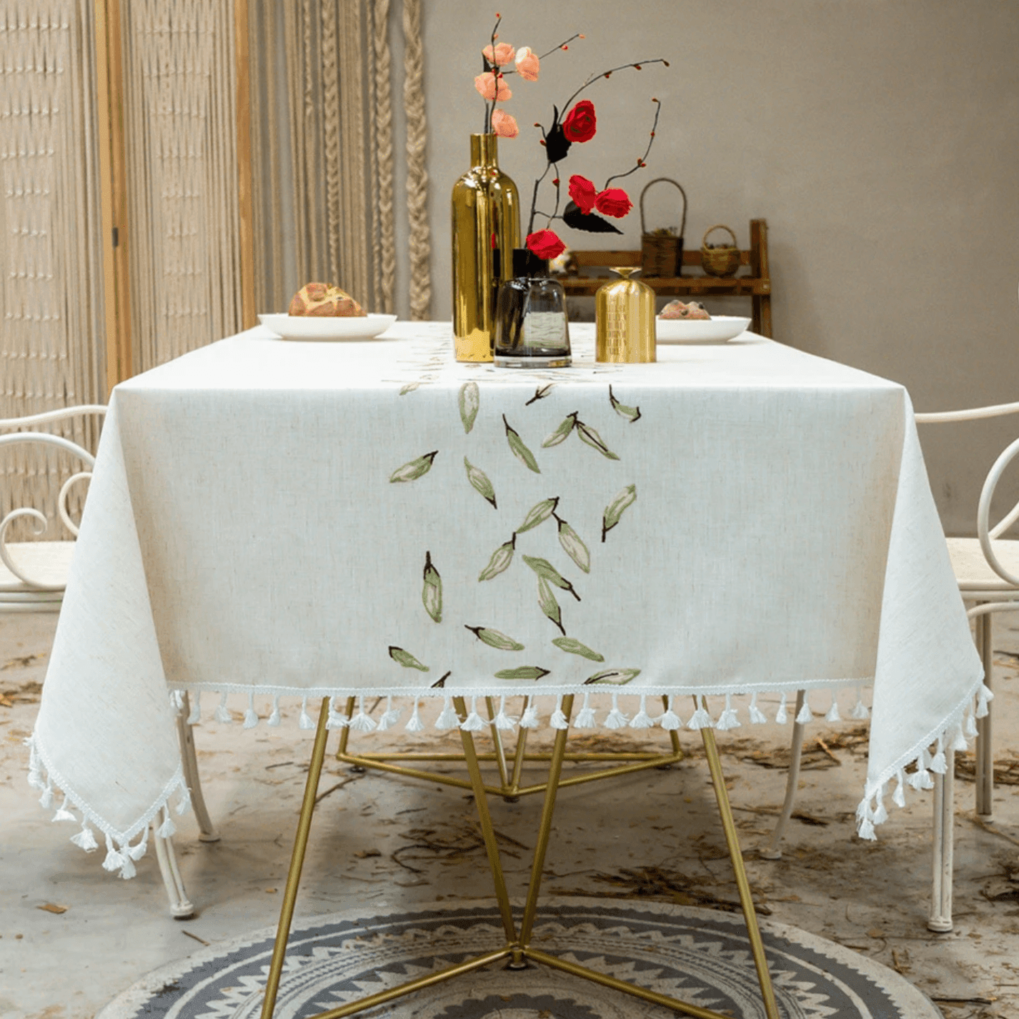 Green Leaf Embroidery Tassel Tablecloth - huemabe - Creative Home Decor