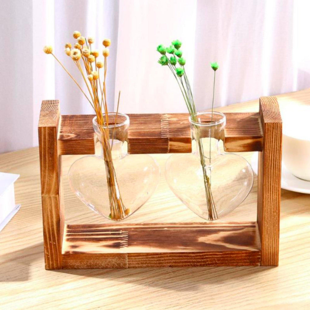 Heart-shaped Glass Planter Bulb Vase with Wooden Stand - huemabe - Creative Home Decor