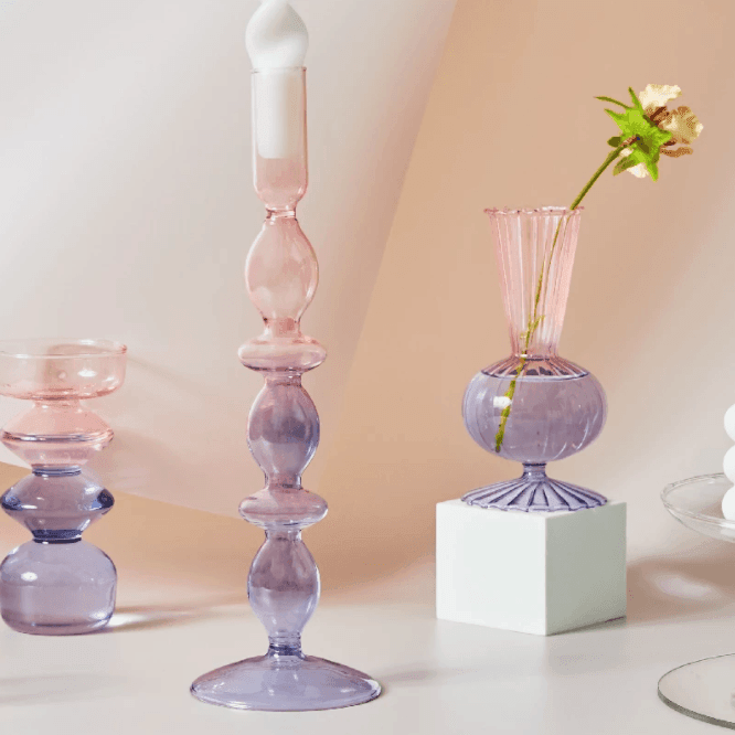 Lilac-Pink Glass Candlesticks / Vase - huemabe - Creative Home Decor