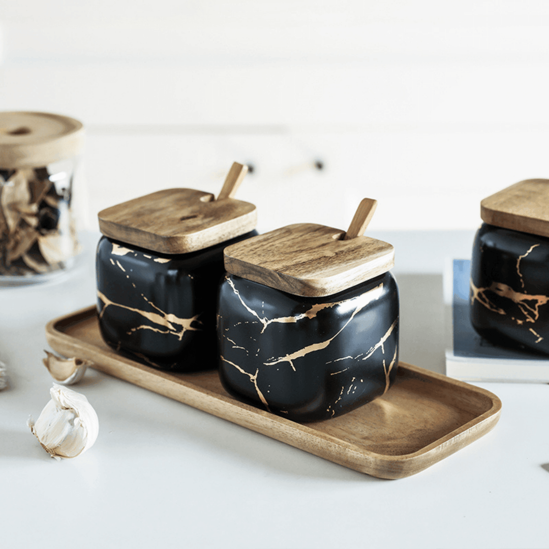 Luxury Marble pattern Ceramic seasoning jar and tray spice rack