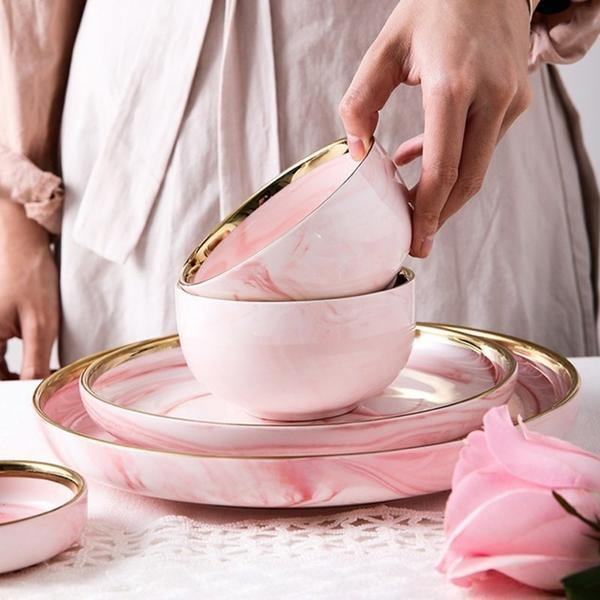 Pink Marble Ceramic Dinnerware Plates - huemabe - Creative Home Decor