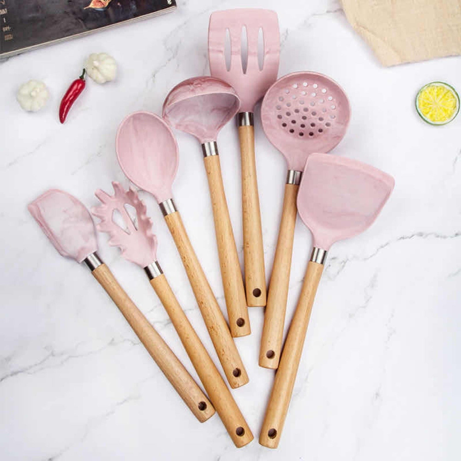 Pink Marble Silicone Cooking Utensils Set - huemabe - Creative Home Decor