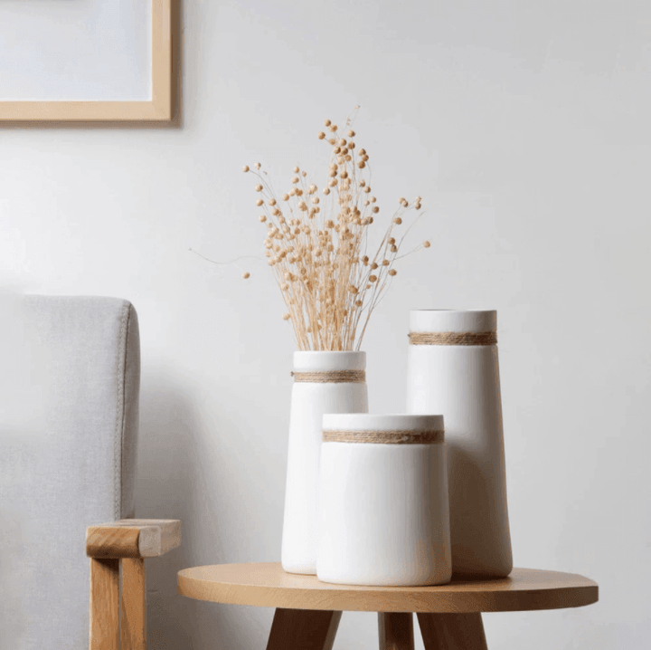 White Ceramic Vases with Rope - huemabe - Creative Home Decor