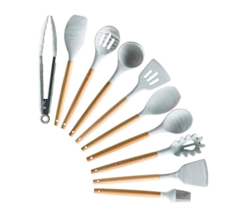 12Pcs/Set Silicone Kitchen Utensils Cooking Non-stick Spatula Shovel Tongs  Soup Ladle Wooden Handle Stainless Steel Storage Box